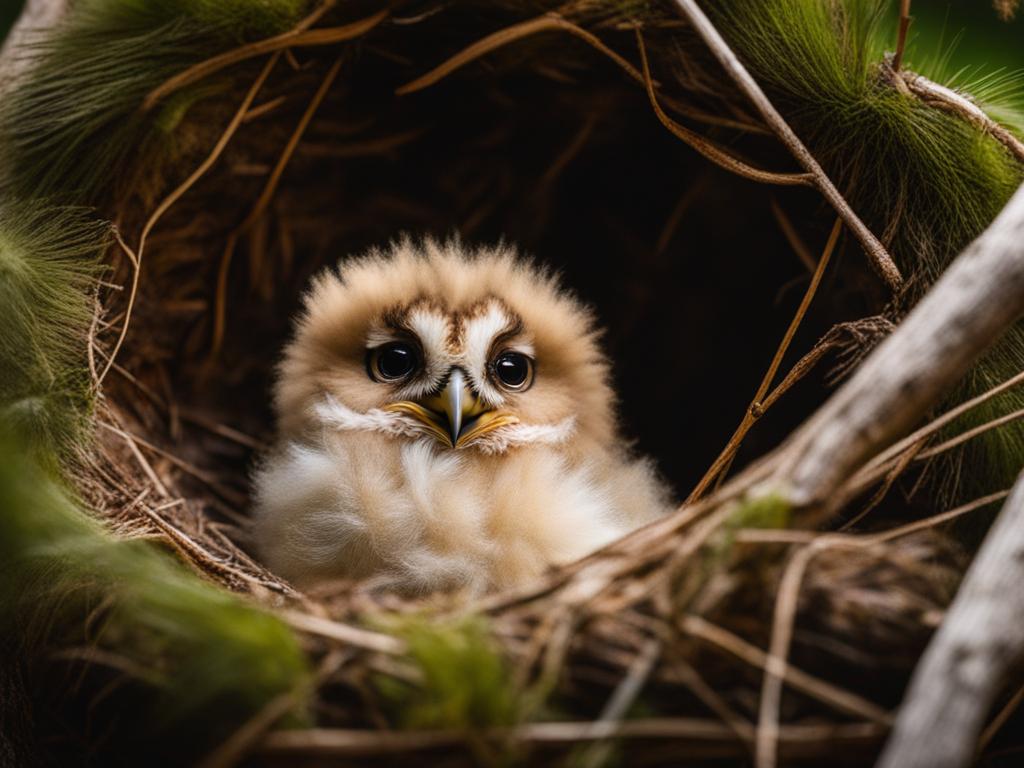 small owl chick, fluffing its feathers in its cozy nest. 