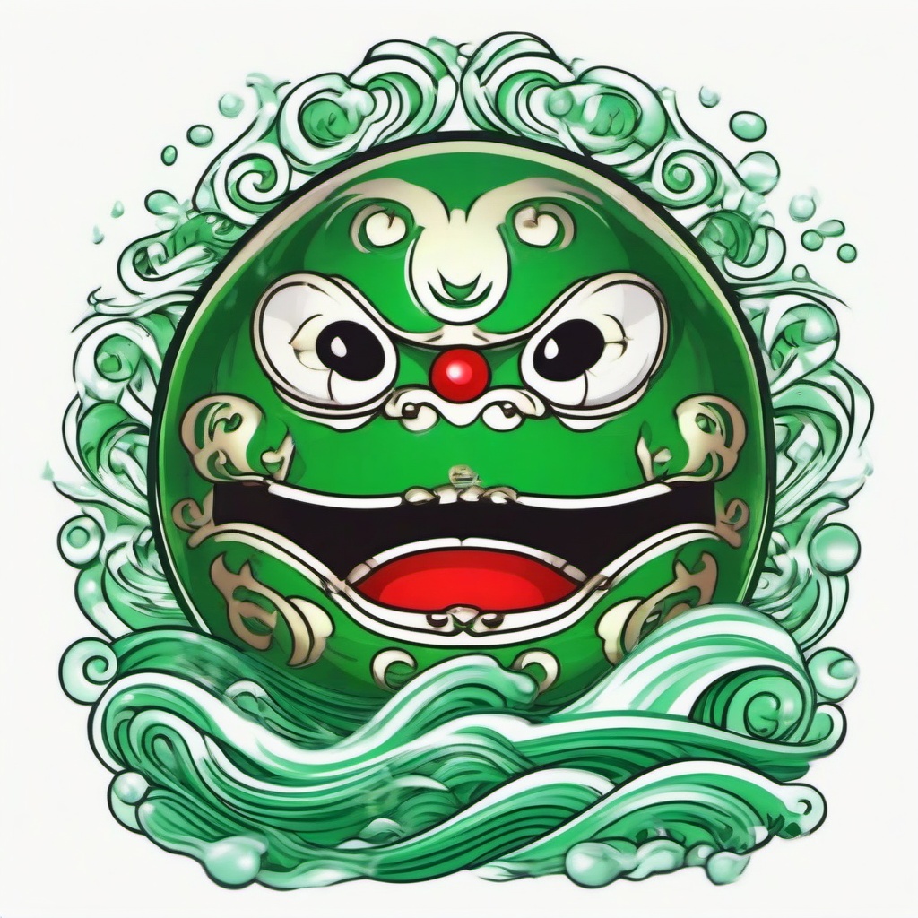 Green daruma doll with water leaf waves  ,tattoo design, white background 