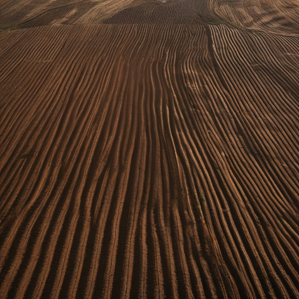 Freshly plowed farmland top view, photo realistic background, hyper detail, high resolution