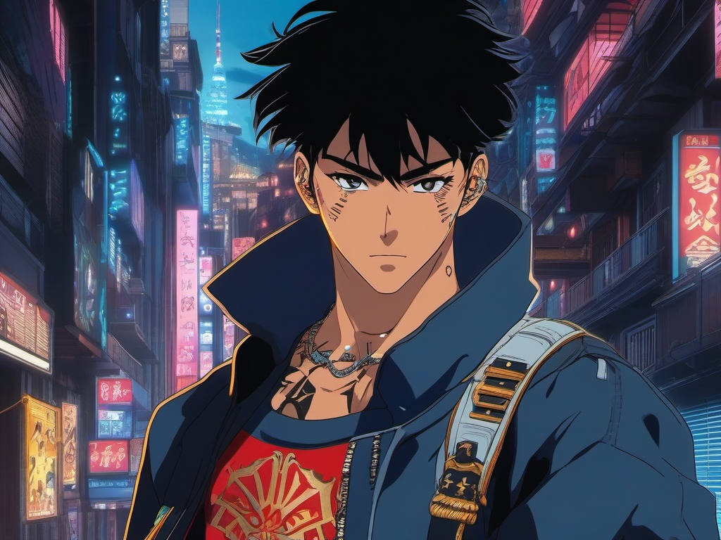 A charismatic anime boy, adorned with glowing tattoos, leads a rebellion against a corrupt regime in a city where magic and technology collide.  1990s anime style