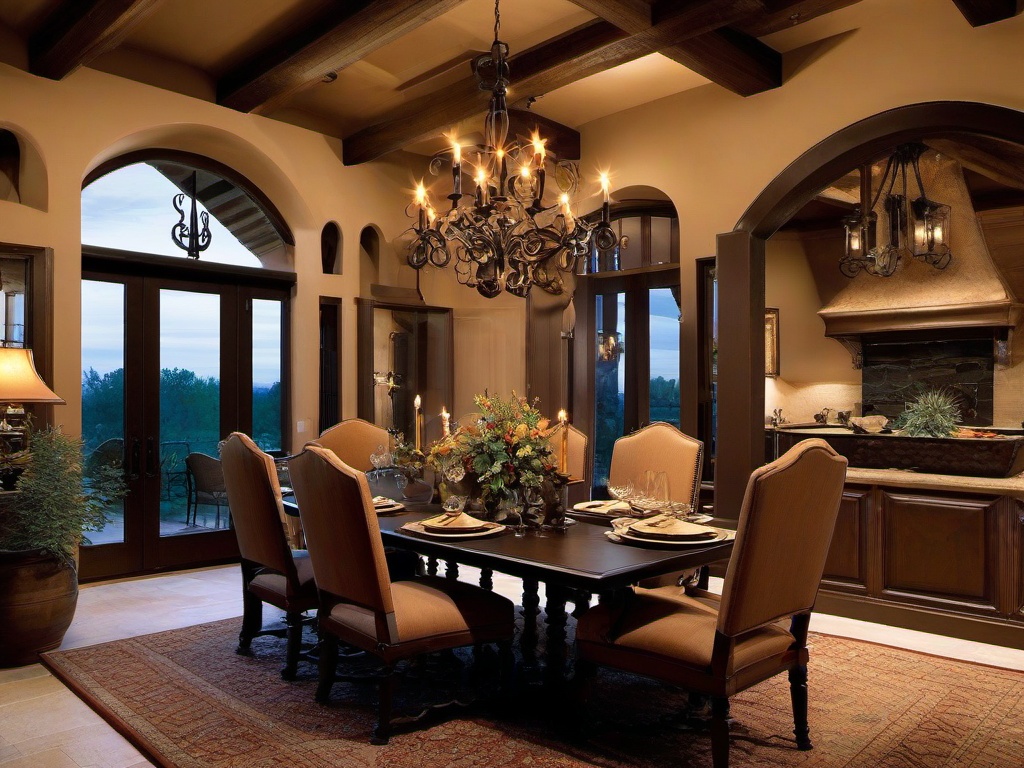 Tuscan-style dining room with wrought iron chandeliers and warm earth tones.  