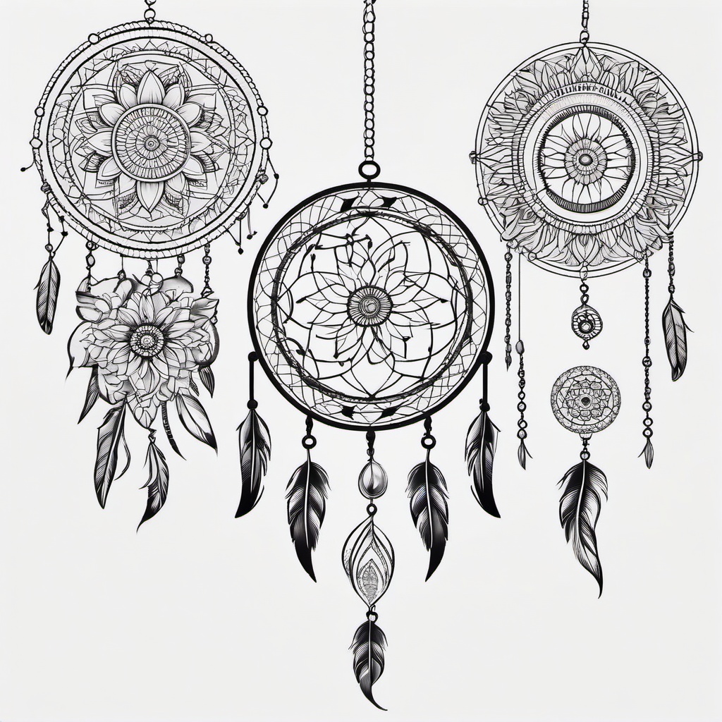 Mandala Dream Catcher Tattoo - Tattoo combining a dream catcher with mandala motifs.  simple vector tattoo,minimalist,white background