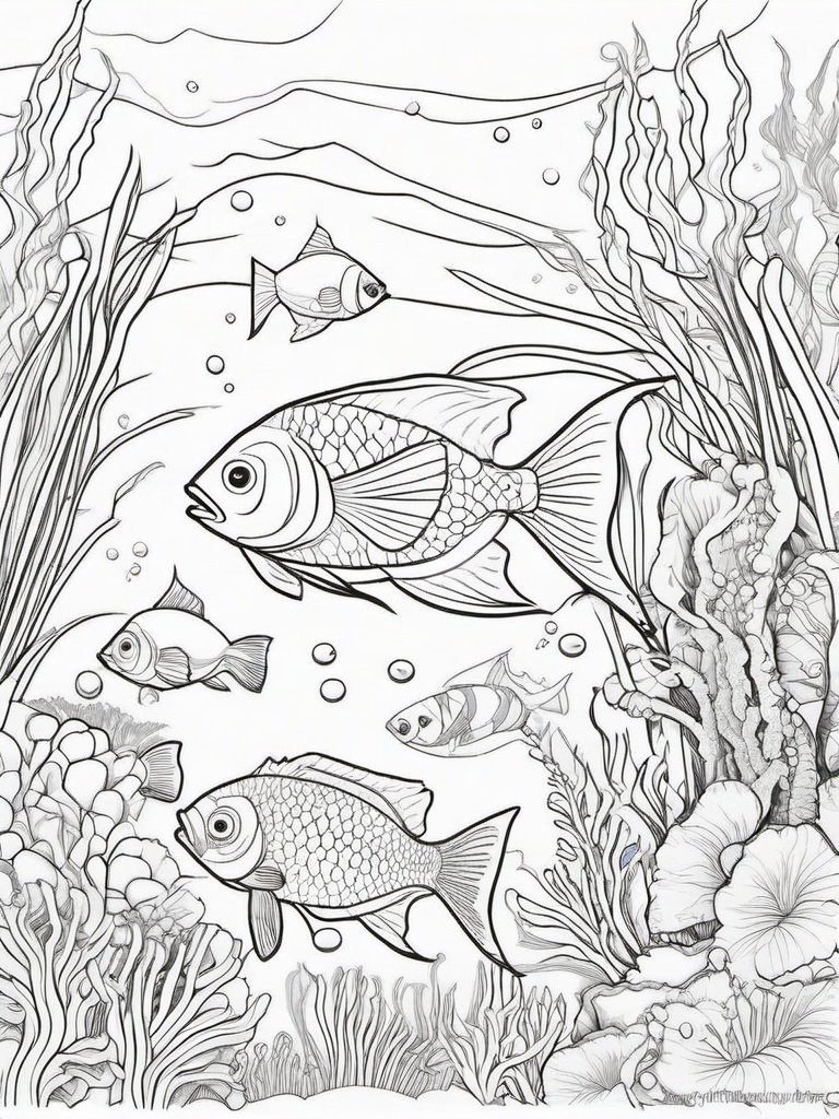 Fish Coloring Pages - Fish exploring a vibrant underwater landscape  simple coloring pages