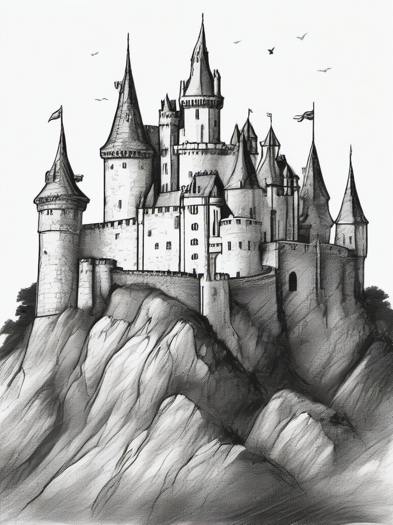 drawing of castles  minimal rough scribbles,doodles,black and white