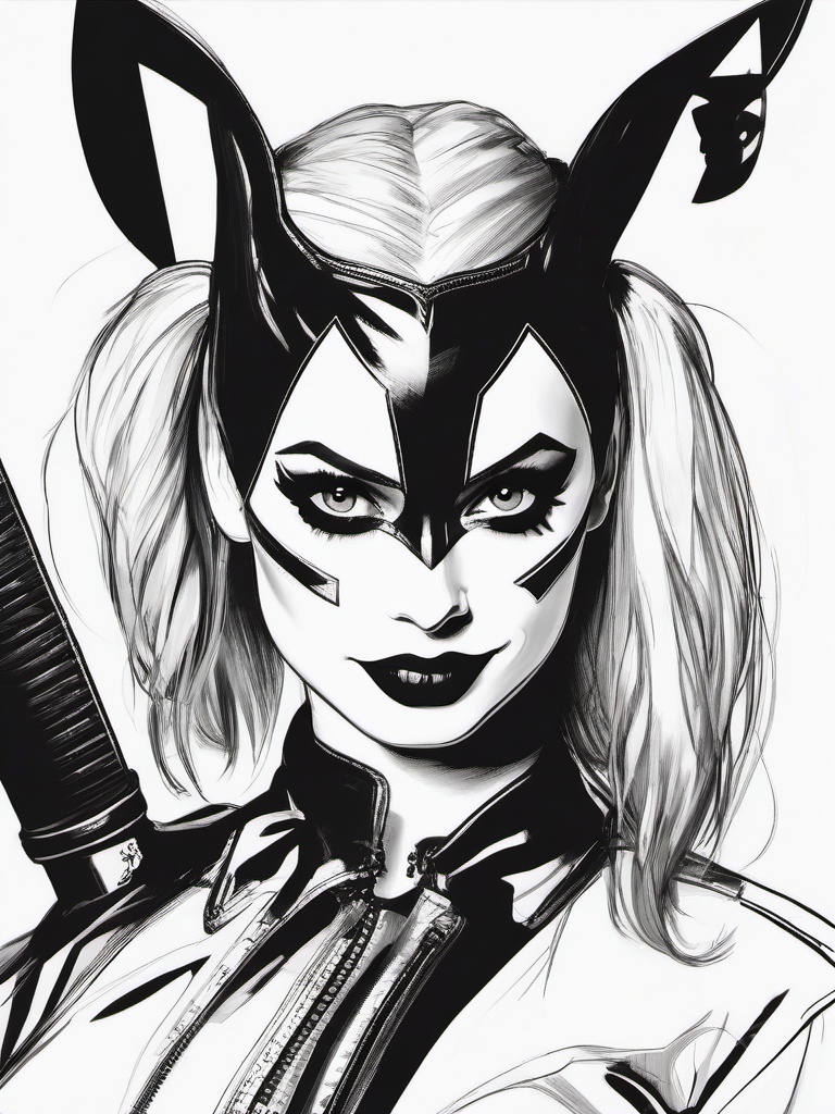 drawing of Harley Quinn with her signature bat  minimal rough sketch scribbles,doodles,black and white