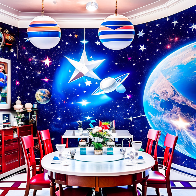 space explorer's dining room featuring celestial murals and astronaut-inspired decor. 