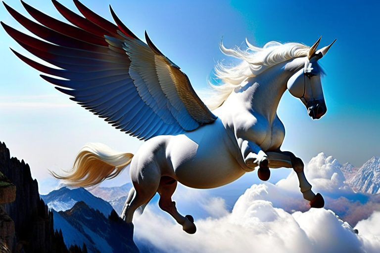 pegasus, the divine winged horse, ascending to the heavens from a mountaintop. 