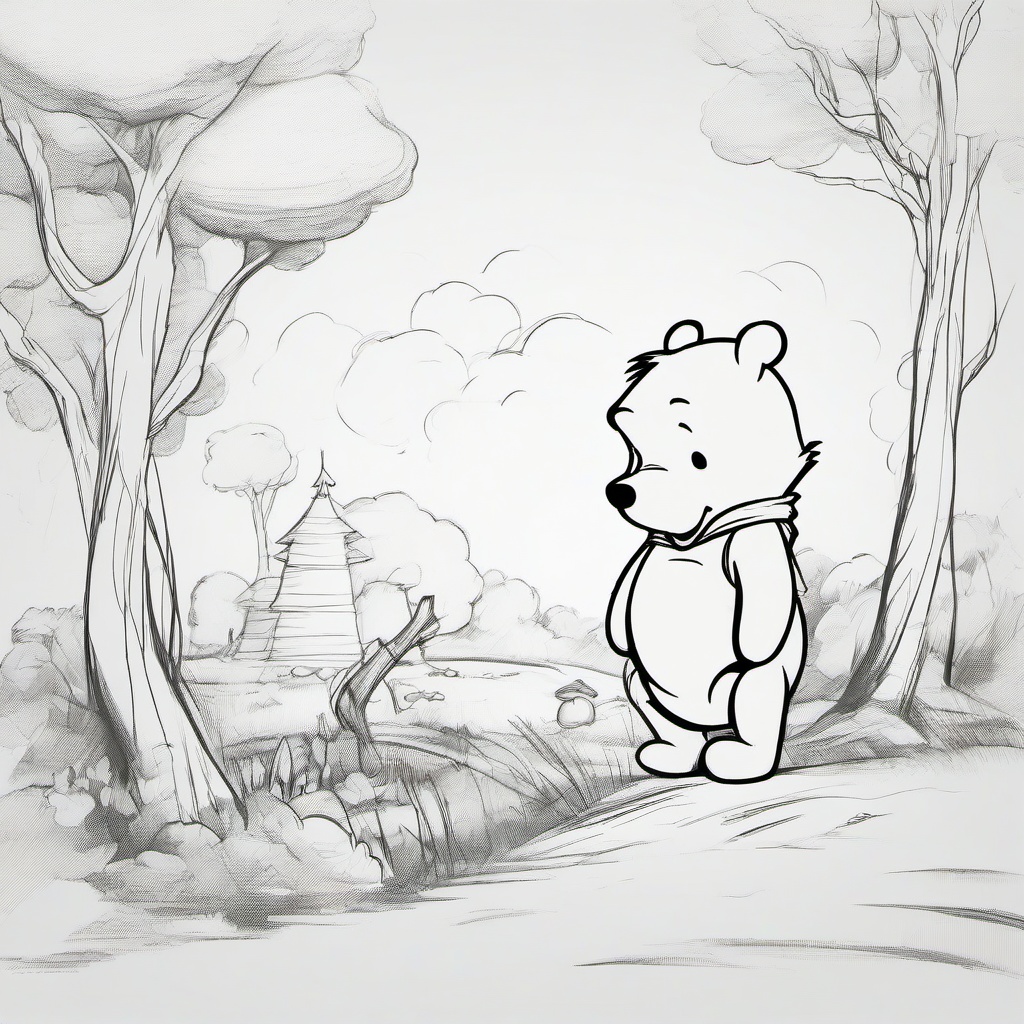 drawing of Winnie the Pooh in a classic storybook style  minimal rough sketch scribbles,doodles,black and white