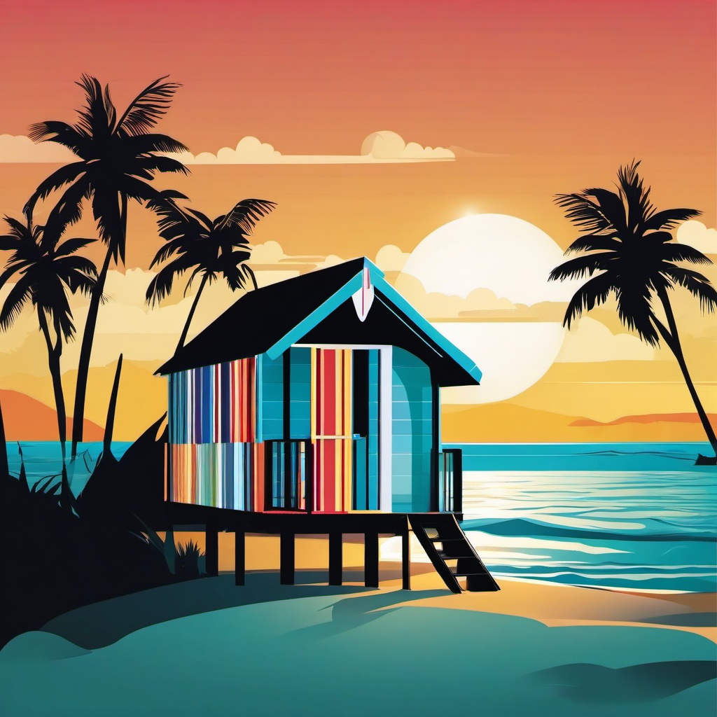 Beach Hut Paradise Sticker - Transport yourself to a tropical paradise with the vibrant and beach hut sticker, , sticker vector art, minimalist design