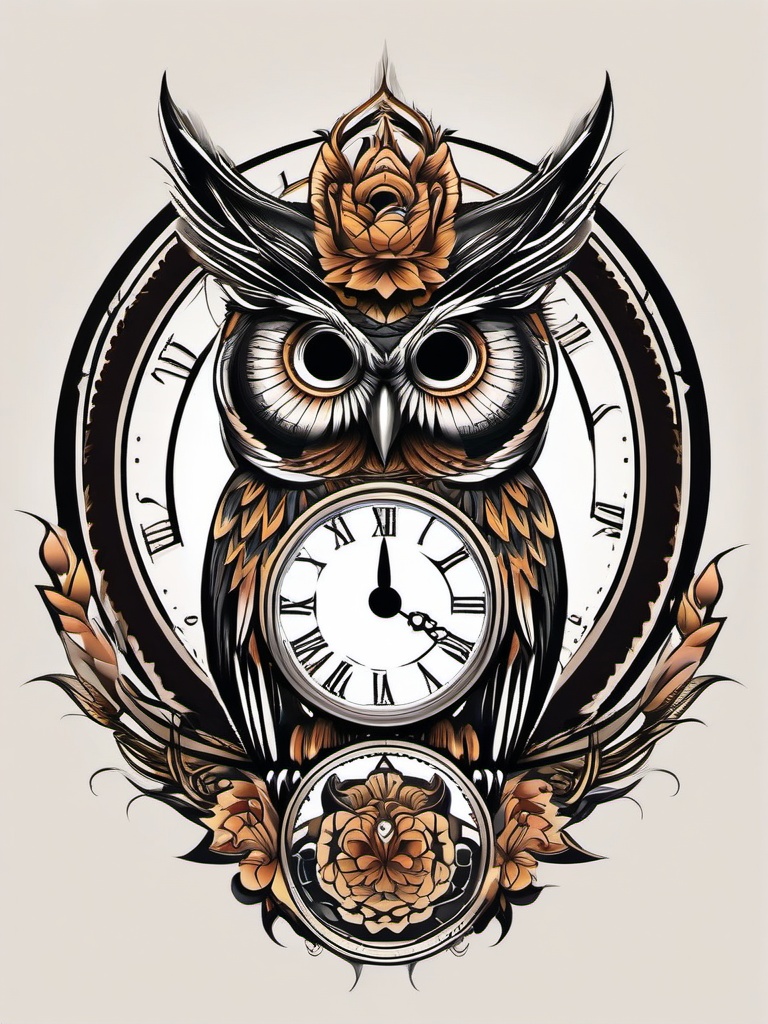 Clock and Owl Tattoo - Symbolize time and wisdom with a tattoo featuring a clock and an owl.  simple color tattoo,vector style,white background