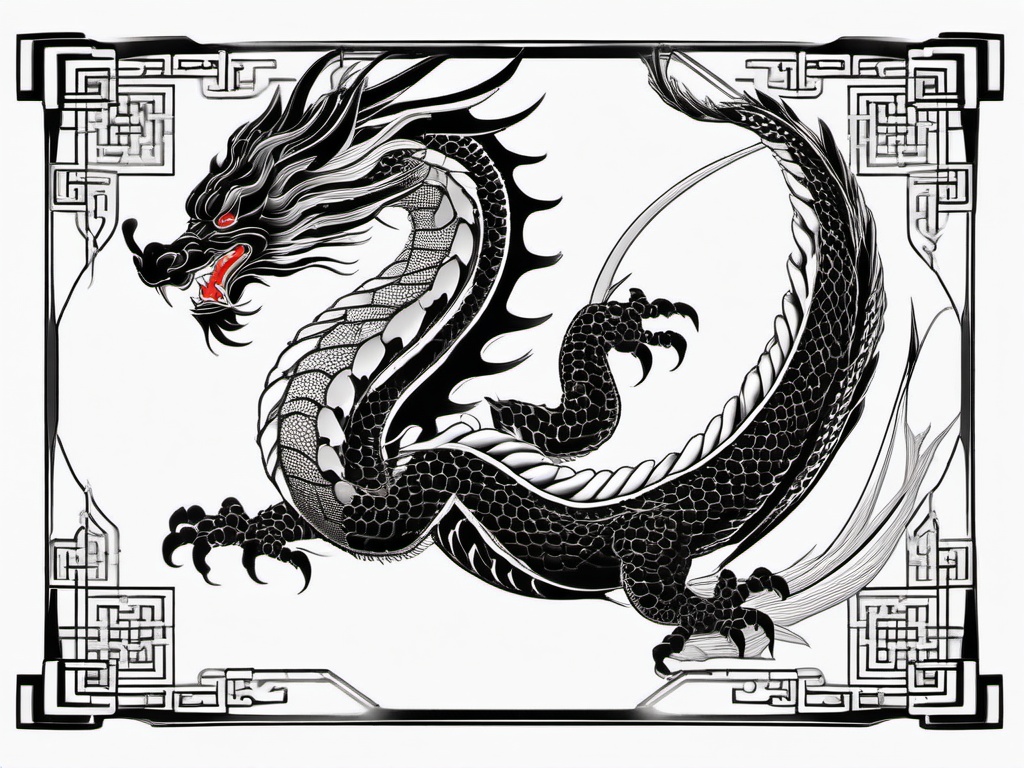 Black and White Japanese Dragon Tattoo - Classic and timeless black and white Japanese dragon tattoo.  simple color tattoo,minimalist,white background