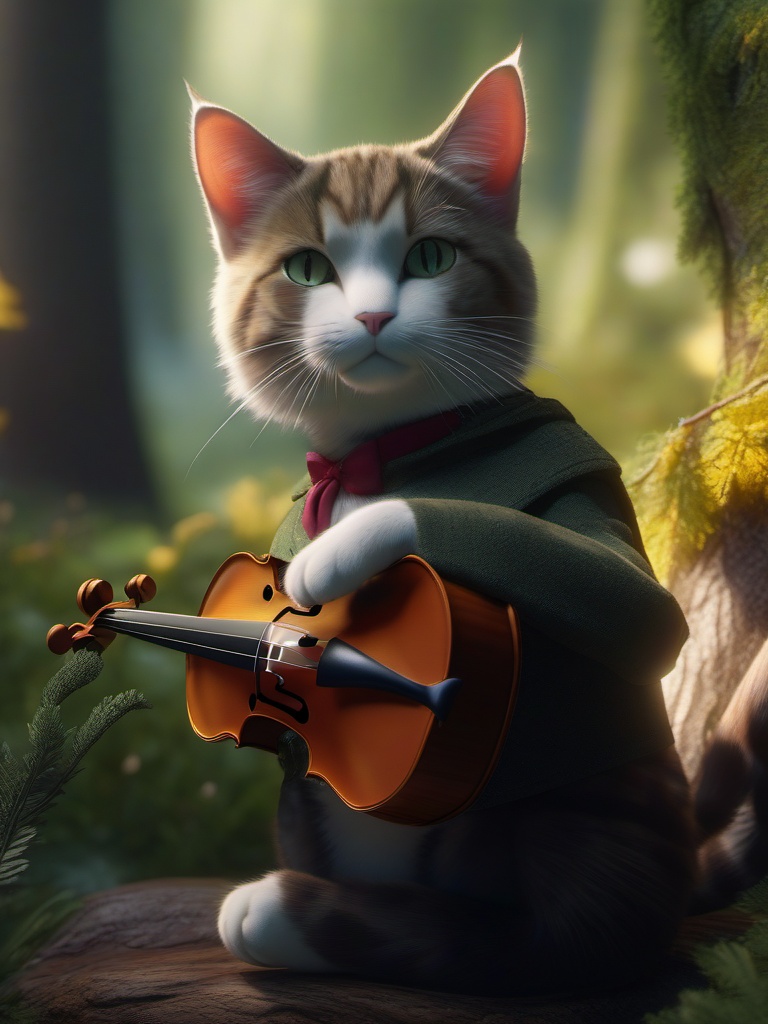 Talking cat offers sage advice to a lonely musician searching for inspiration in a hidden forest grove.  8k, hyper realistic, cinematic