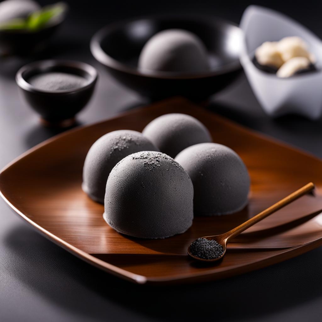 black sesame mochi ice cream, an asian delicacy, enjoyed at a tranquil zen garden. 