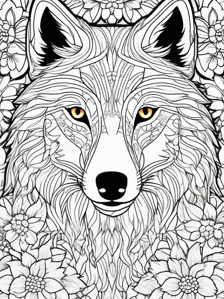 Wolf with Flowers Coloring Pages - Wolf Surrounded by Colorful Wildflowers  minimal black outline printable sheet, coloring page