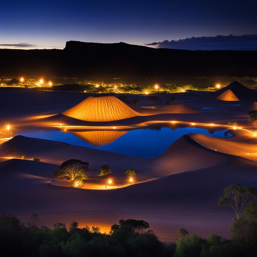 chamarel plain, mauritius - create a surreal night scene at chamarel plain, where vibrant sands glow under the moonlight. 