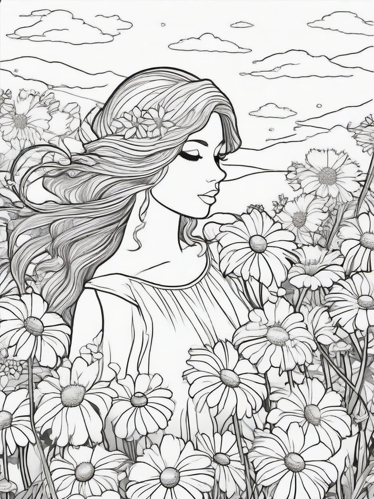 Fairy in a Field of Daisies Coloring Pages - Fairy Surrounded by White Daisies  minimal black outline printable sheet, coloring page