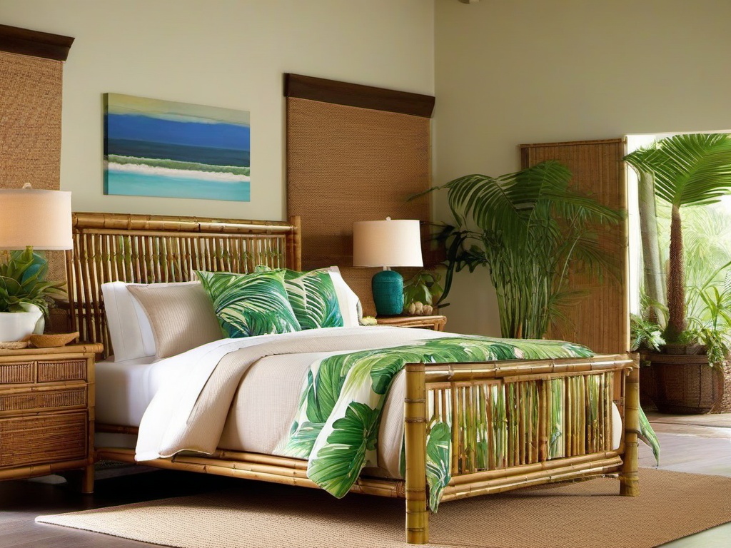 Tropical bedroom includes bamboo furniture, bright bedding, and potted plants that bring the feel of a resort into your home.  