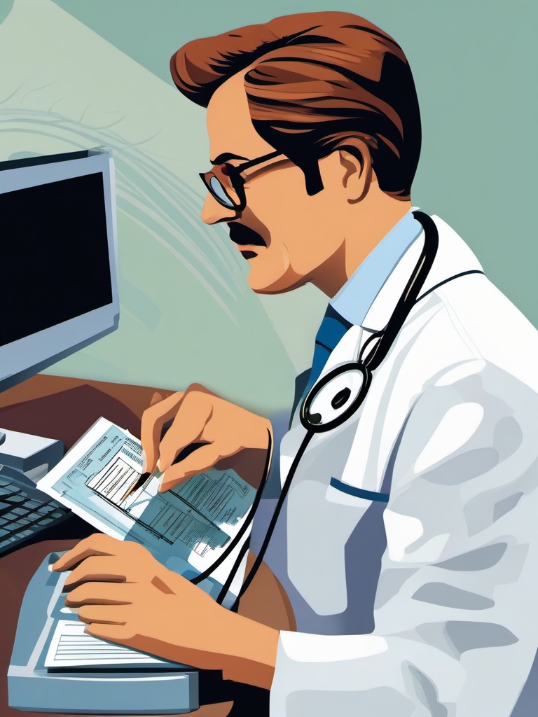 Doctor clipart - doctor using a computer to check records  