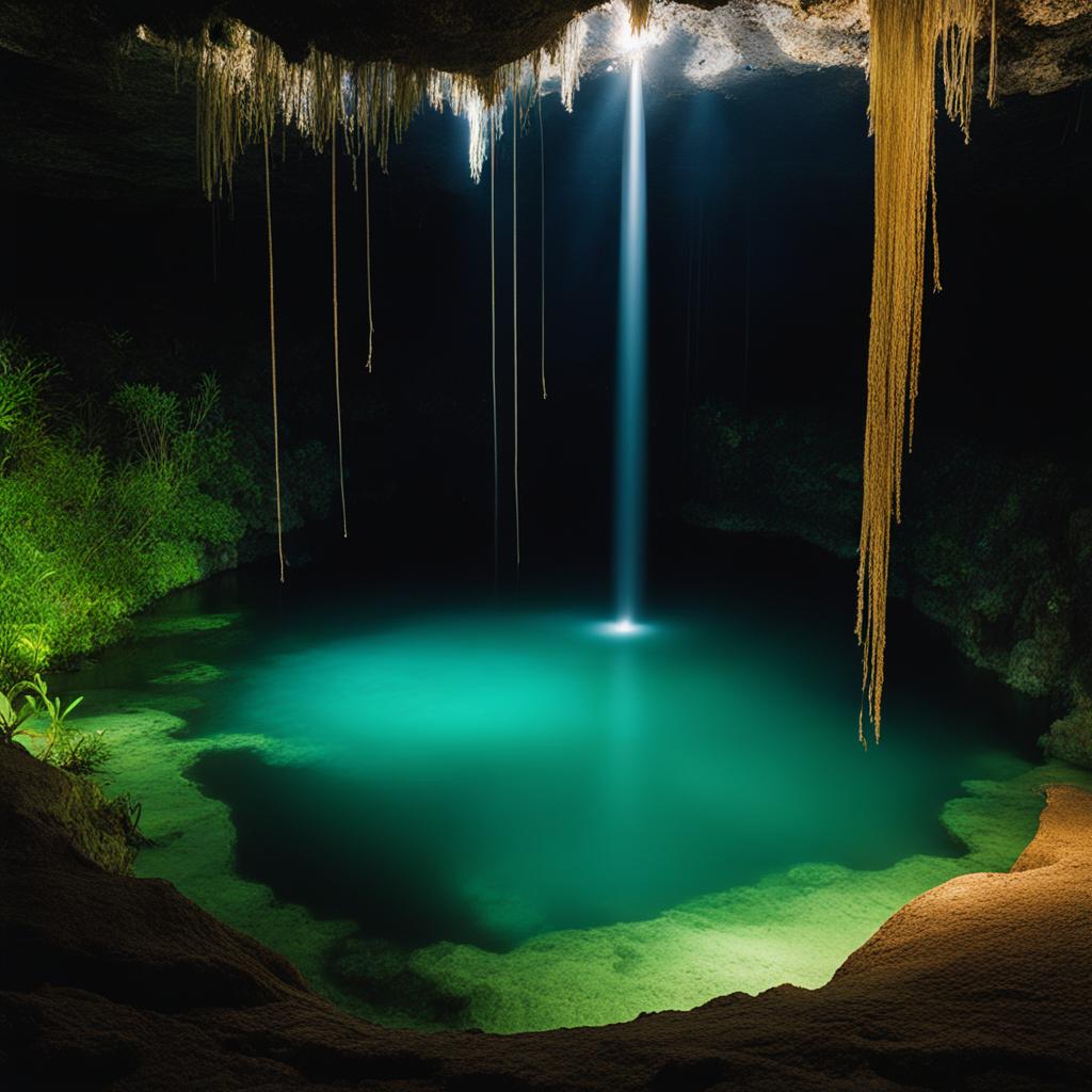 yucatan cenotes - paint the mystical night scene of yucatan's cenotes, natural sinkholes filled with crystal-clear waters, where bioluminescent algae create a dreamlike ambiance. 