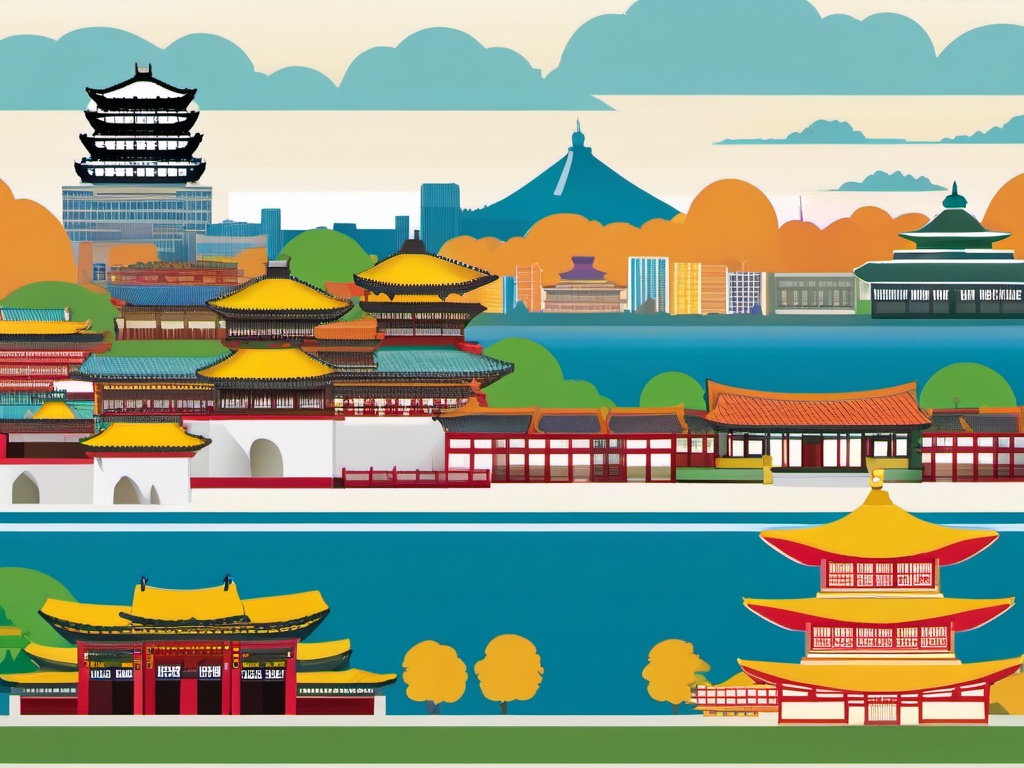 Seoul clipart - Gyeongbokgung Palace and Seoul skyline, ,color clipart vector style