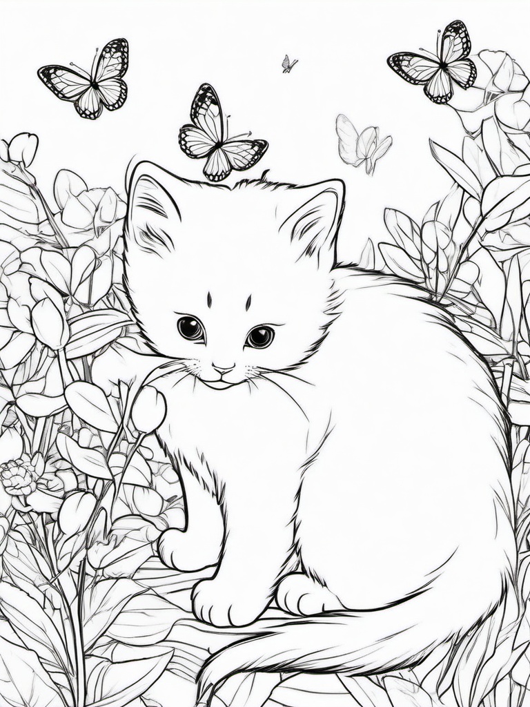 Kitty and Butterfly Friends Coloring Pages - Kitten Playing with Butterfly Friends  minimal black outline printable sheet, coloring page