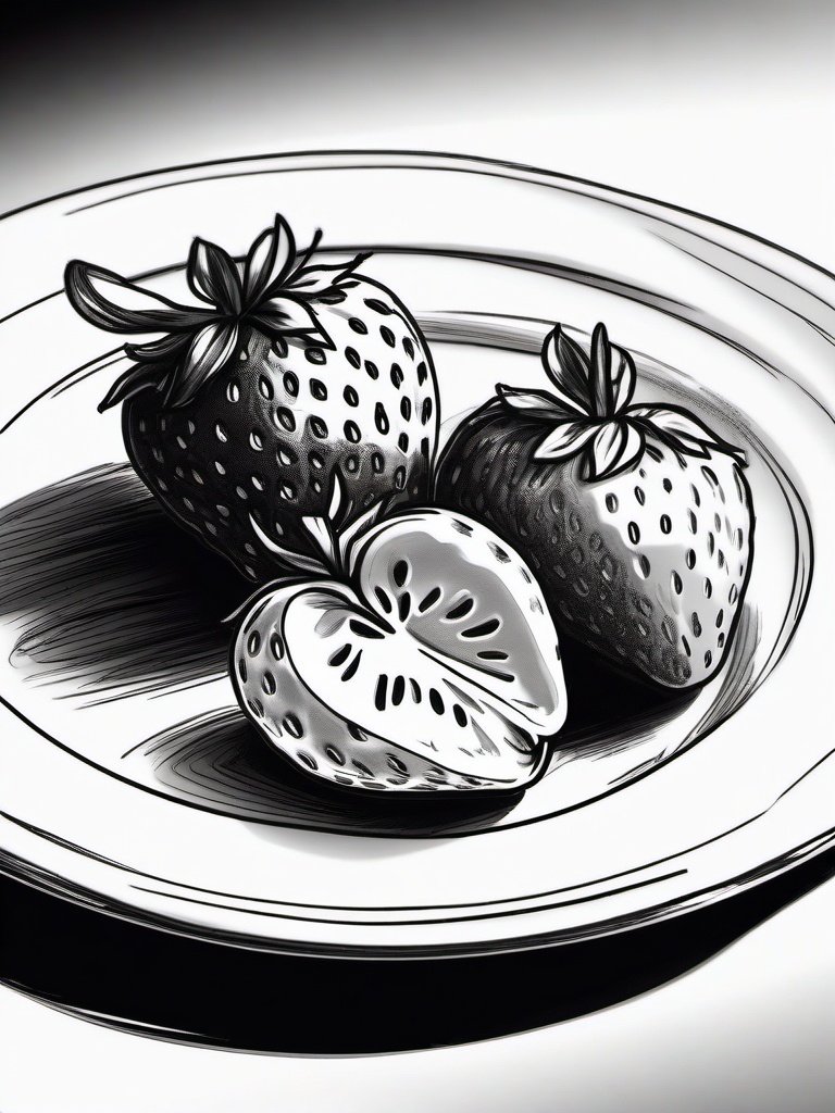 drawing of a strawberry on a plate  minimal rough sketch scribbles,doodles,black and white