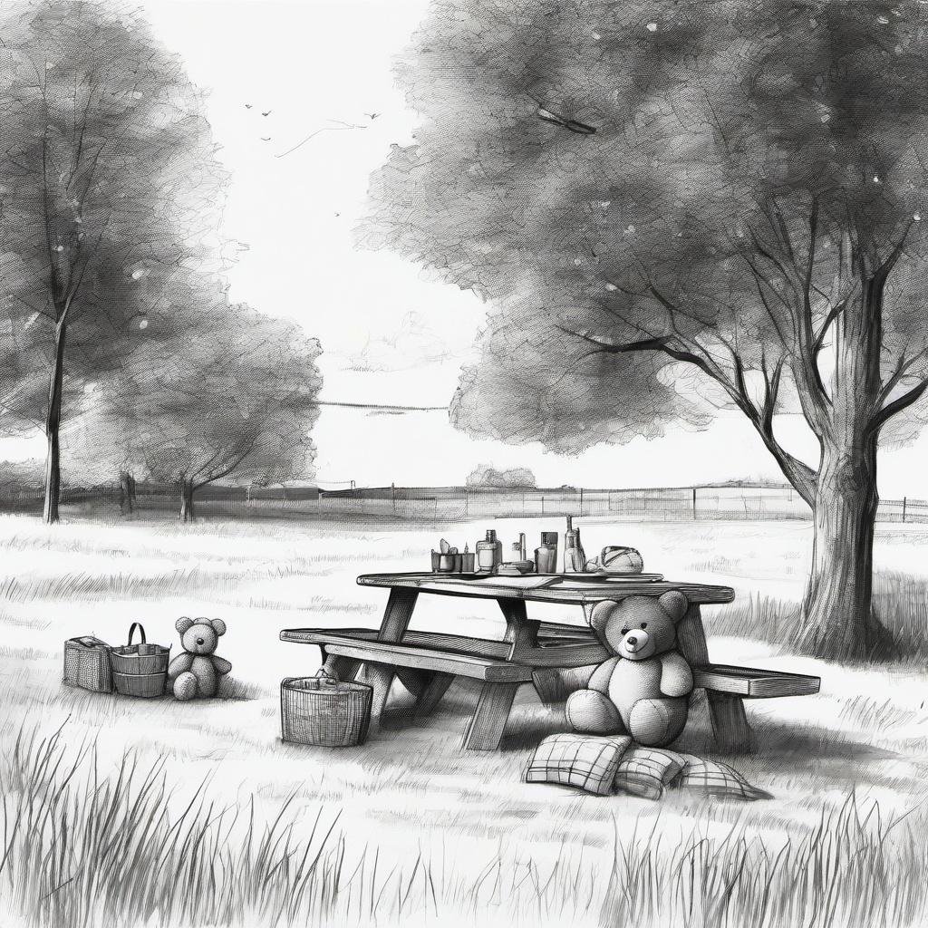 drawing of a teddy bear at a picnic  minimal rough sketch scribbles,doodles,black and white