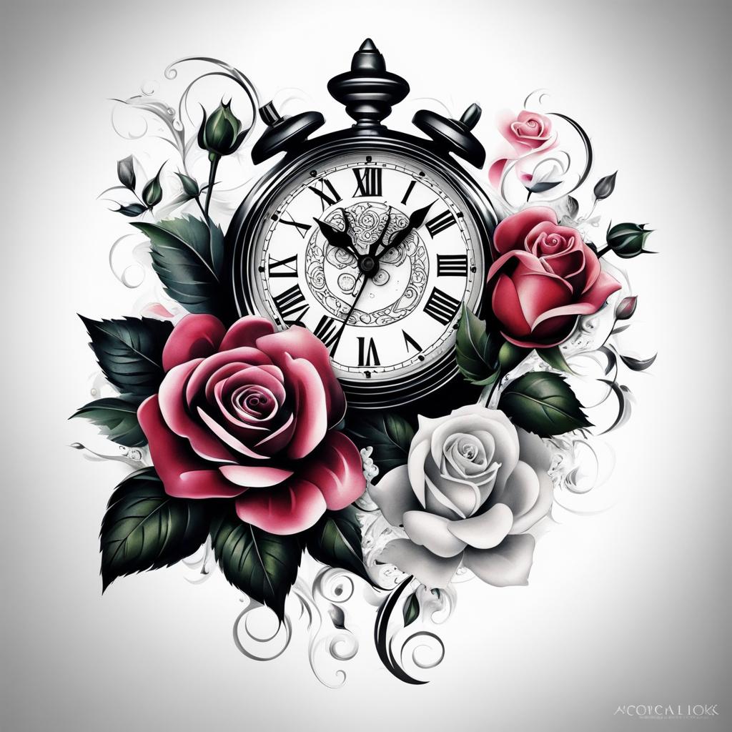 Rose clock tattoo, Creative tattoos featuring both roses and clocks.  color, tattoo patterns, white clean background