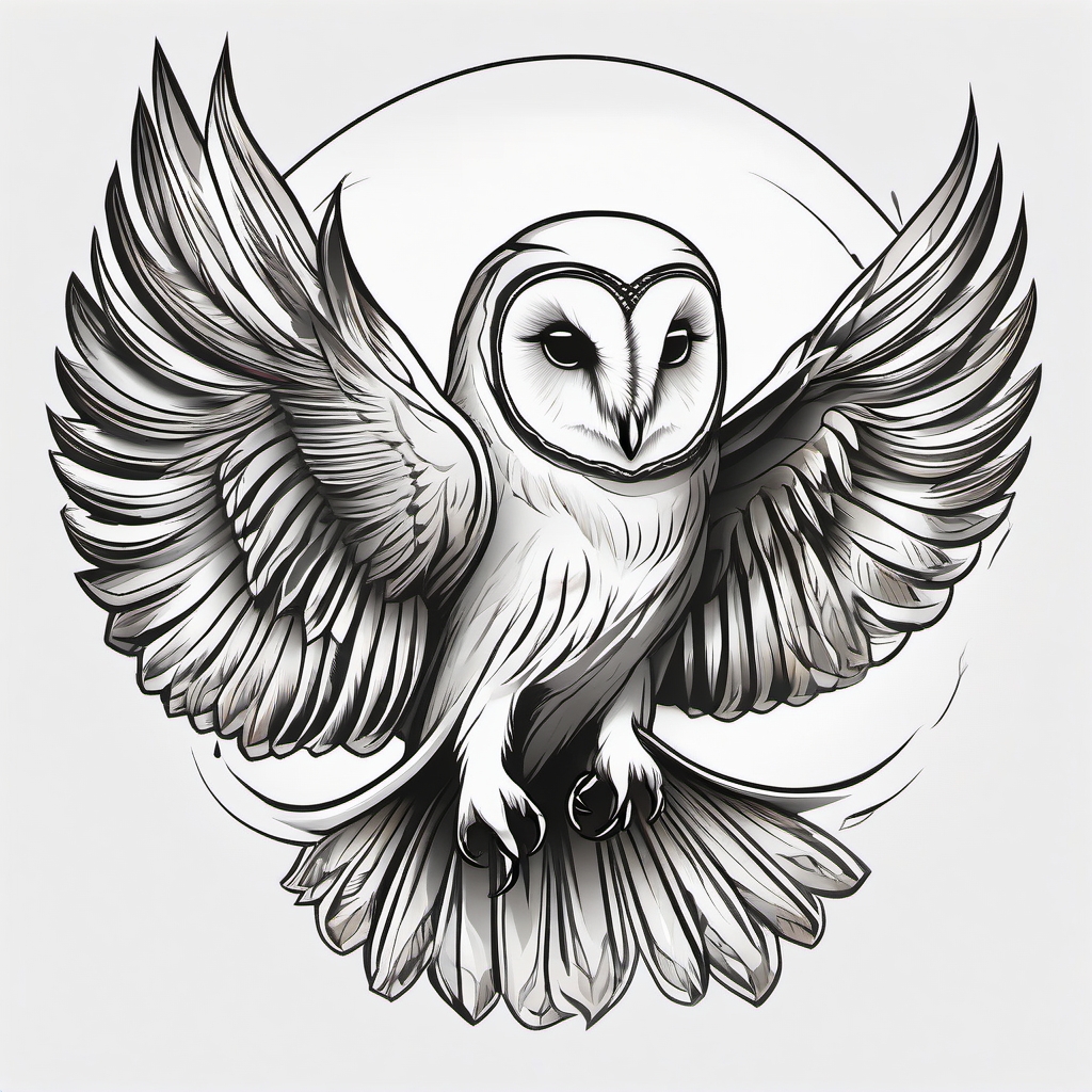 Barn owl tattoo soaring in an endless, infinite journey.  color tattoo style, minimalist design, white background