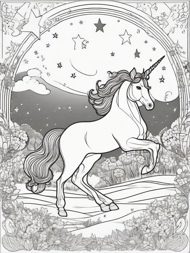 Unicorn in a Dreamland Coloring Pages - Fantasy Scene with Stars and Moons  minimal black outline printable sheet, coloring page