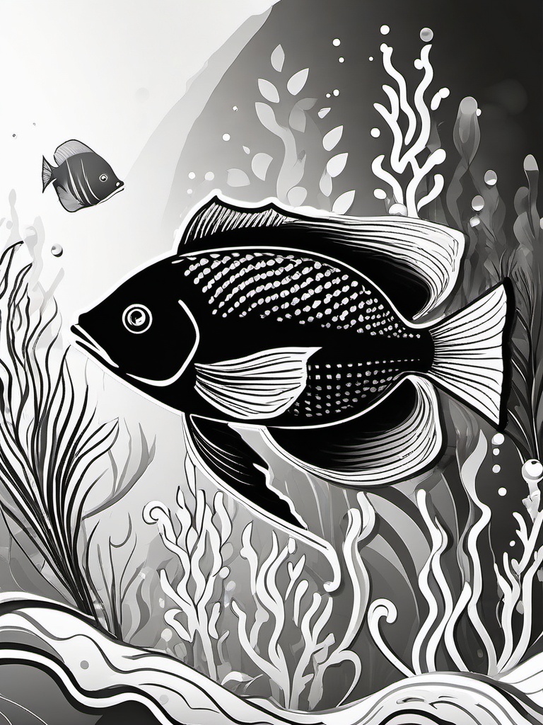 Clipart of Fish Black and White,Decorating a monochrome underwater-themed mural with clipart of fish black and white  simple, 2d flat