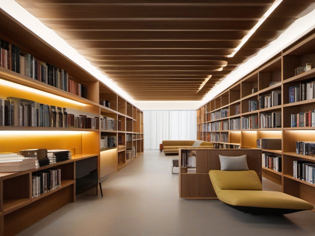 Bauhaus library room features sleek, modular shelving, minimalist seating, and strategic lighting, creating a focused and functional space for reading and study.  