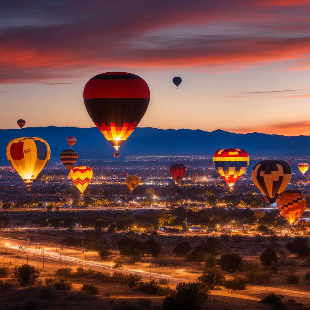 albuquerque's balloon fiesta - create a night scene of albuquerque's balloon fiesta, with colorful hot air balloons rising against the dark desert sky. 