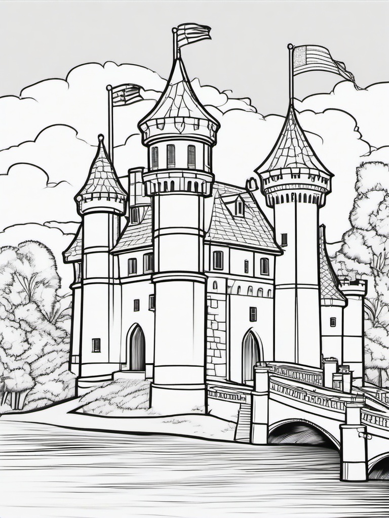 House Coloring Pages - Castle with towers, flags, and a drawbridge  simple coloring pages