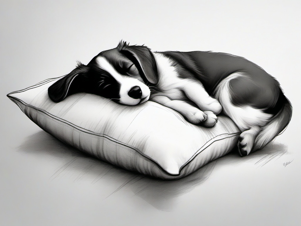 drawing of a sleeping puppy on a cushion  minimal rough sketch scribbles,doodles,black and white