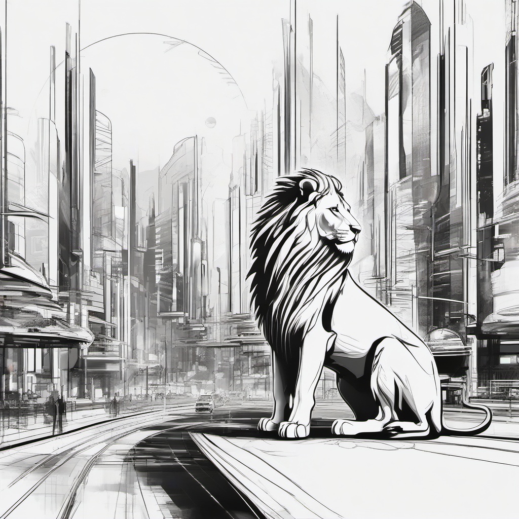 drawing of a lion in futuristic city  minimal rough sketch scribbles,doodles,black and white