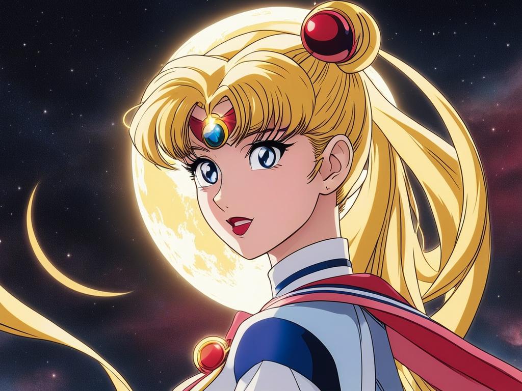 sailor moon transforms into her superheroic form beneath the glow of a crescent moon. 