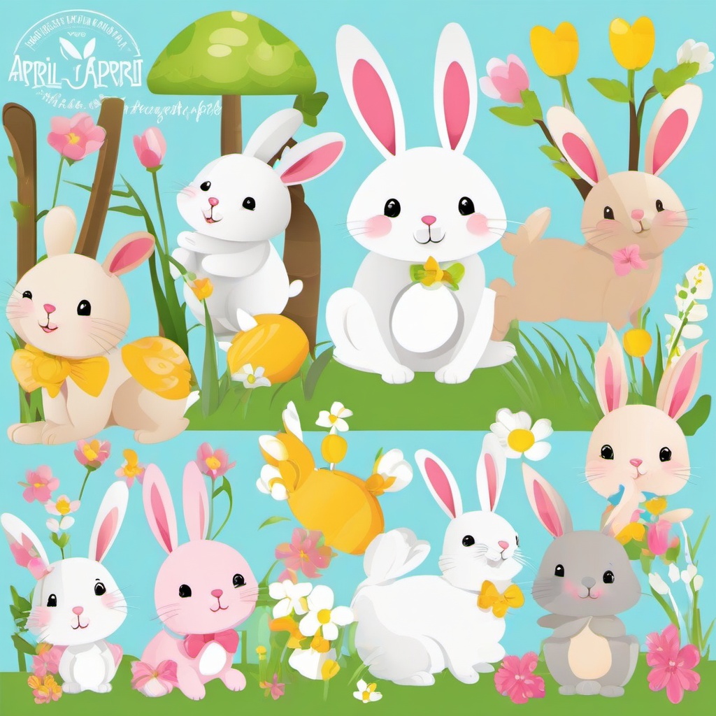 April clipart - cheerful spring animals like bunnies  