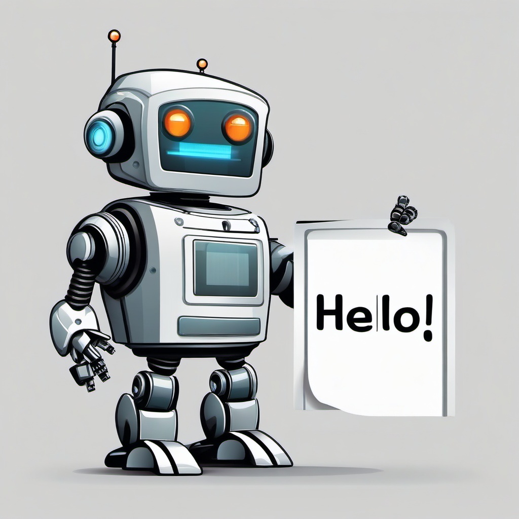 Robot holding a sign that says 'Hello' clipart.  vector style illustration, white background