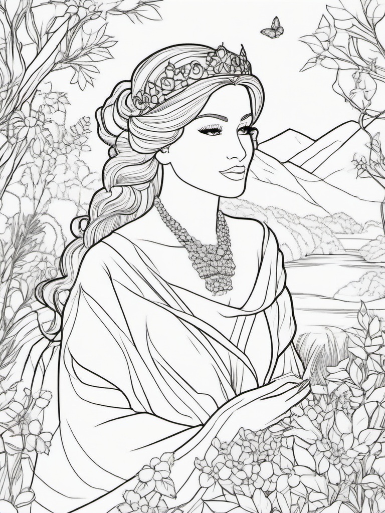 Princess in Nature Coloring Pages - Royalty Enjoying the Beauty of Nature  minimal black outline printable sheet, coloring page