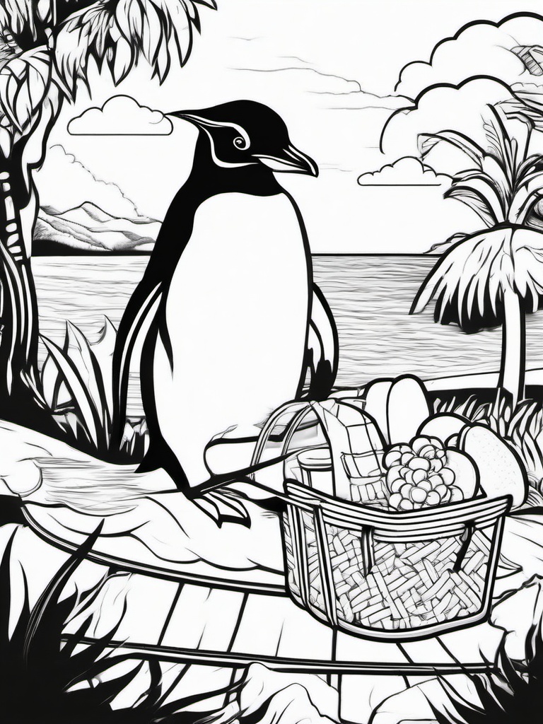 Penguin Coloring Pages - Penguin enjoying a picnic on a sunny day  simple coloring pages