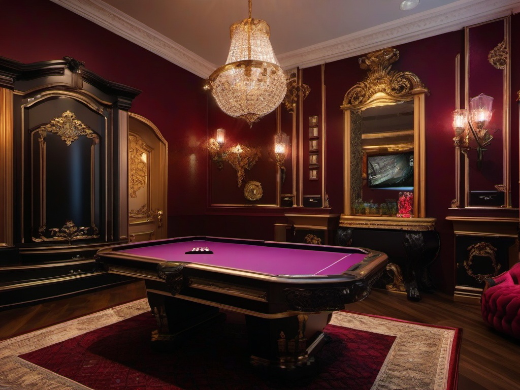 Baroque gamer room embraces rich colors, ornate details, and luxurious finishes that create a dramatic and sophisticated gaming environment.  