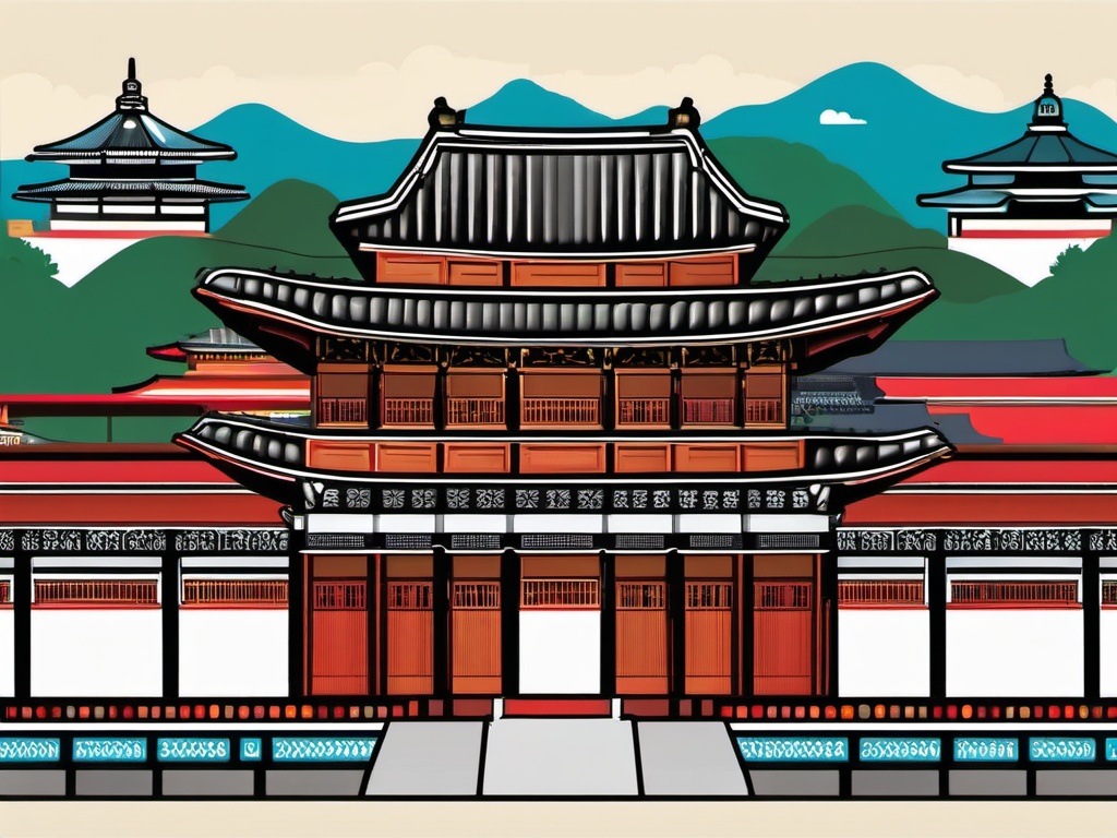 Seoul clipart - Gyeongbokgung Palace and Seoul skyline, ,color clipart vector style