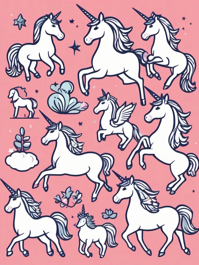 Unicorn Horse Clipart - Illustrations featuring unicorns in a variety of horse-like poses and settings.  vector art, clipart, minimal