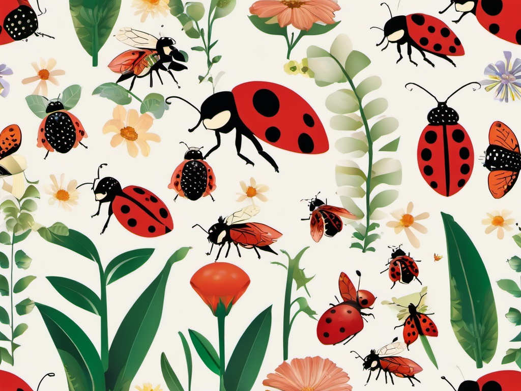 Ladybug clipart - ladybug with other insects in a garden  