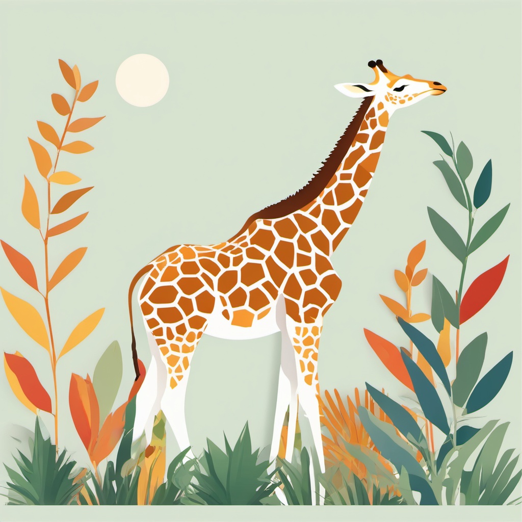 Giraffe Clip Art - Graceful giraffe reaching for leaves,  color vector clipart, minimal style