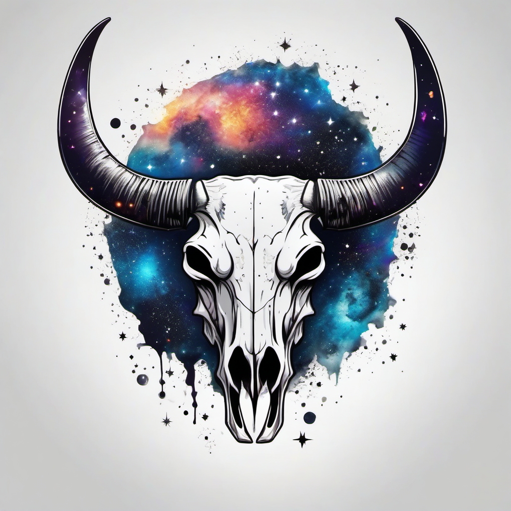 Bull skull in a cosmic galaxy tattoo. Celestial strength in ink.  color tattoo design, white background