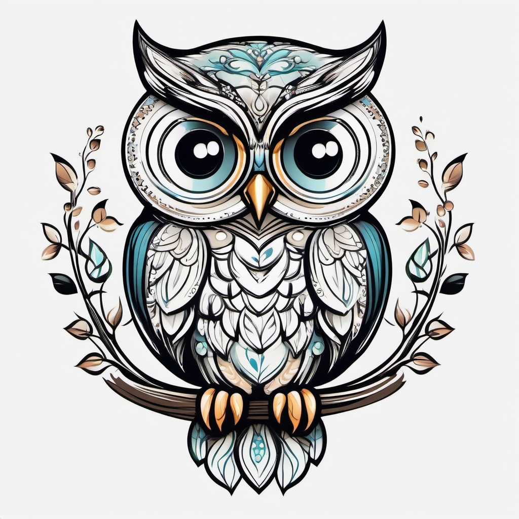 Cute Owl Tattoo - Embrace cuteness with a charming and adorable owl-themed tattoo.  simple color tattoo,vector style,white background