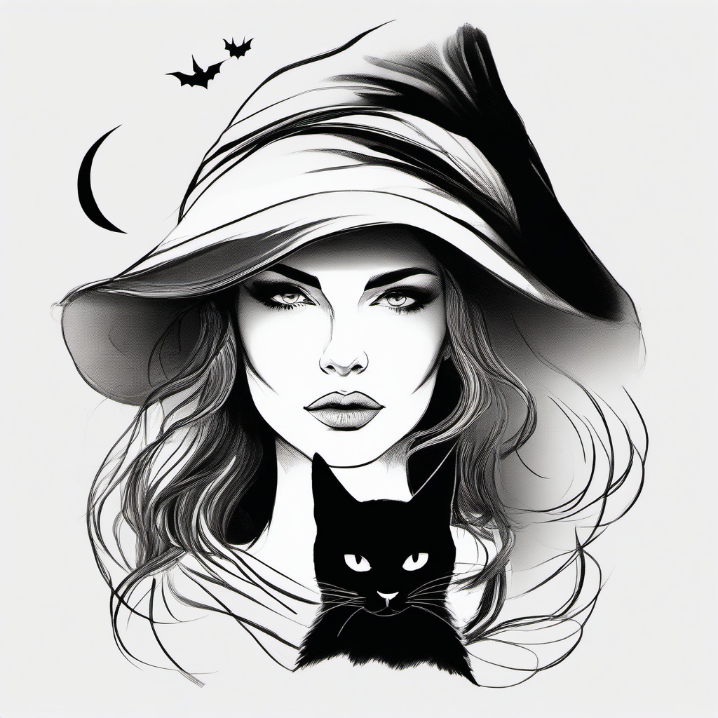 drawing of a witch with a black cat  minimal rough sketch scribbles,doodles,black and white