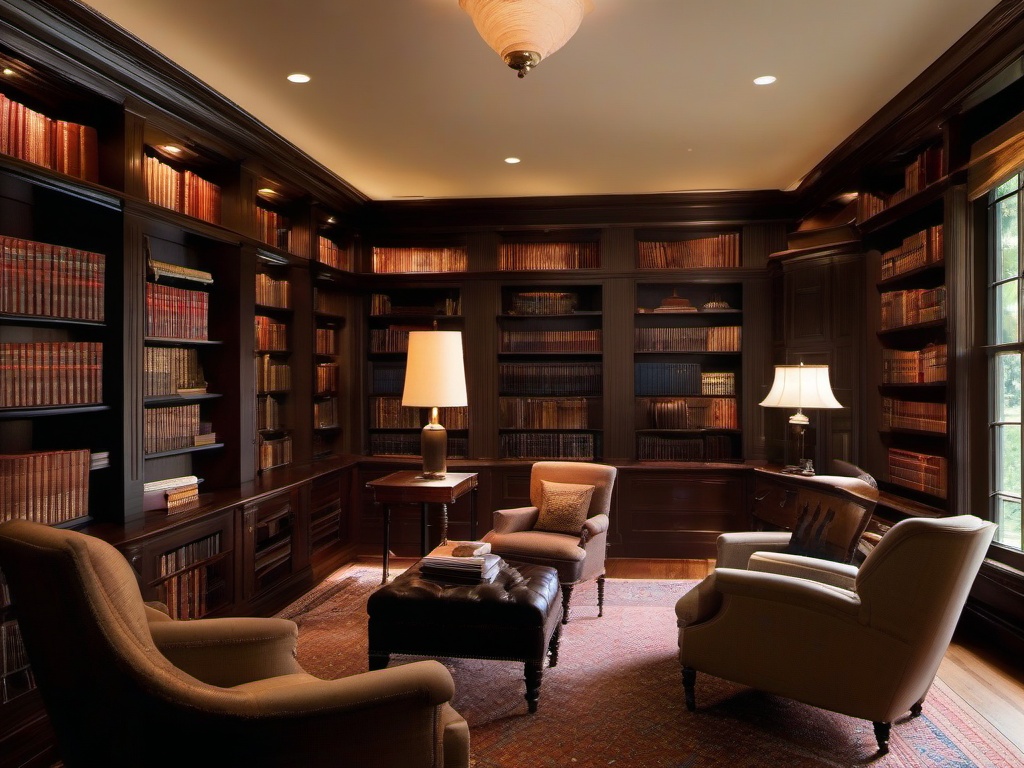 In the library room, American Colonial interior design incorporates dark wood bookshelves, a comfortable reading chair, and warm lighting that inspires reading and relaxation in a refined setting.  